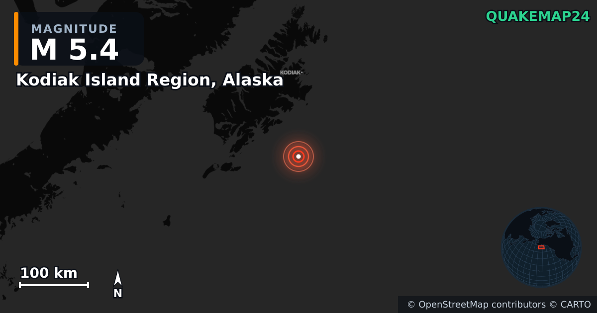 M5.4 earthquake near Kodiak Island Region, Alaska on Sep 1, 2025 — map of epicenter and shaking intensity | QuakeMap24