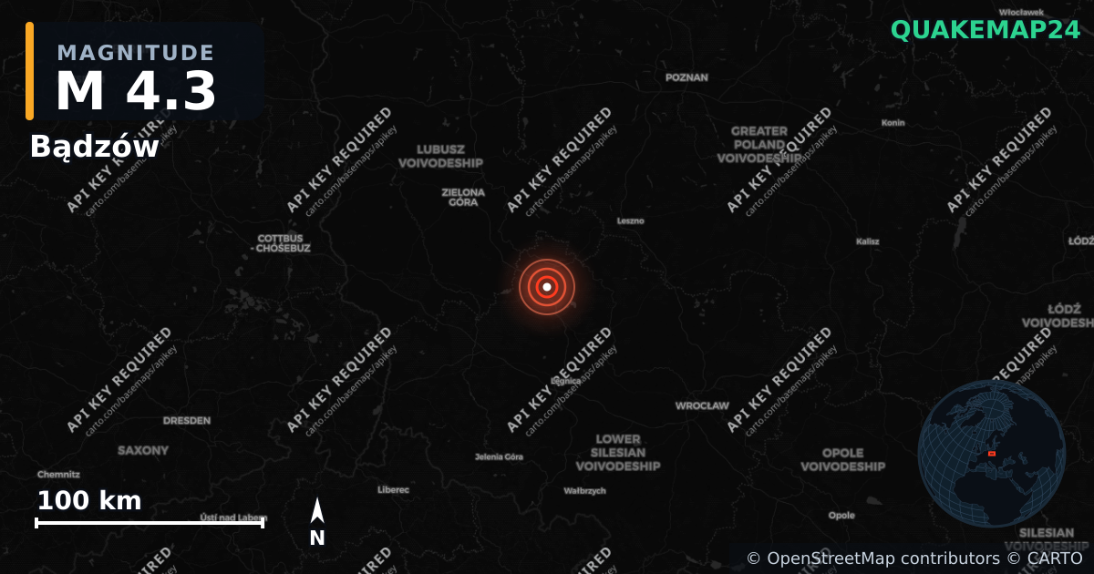 M4.3 earthquake near Bądzów on May 3, 2026 — map of epicenter and shaking intensity | QuakeMap24