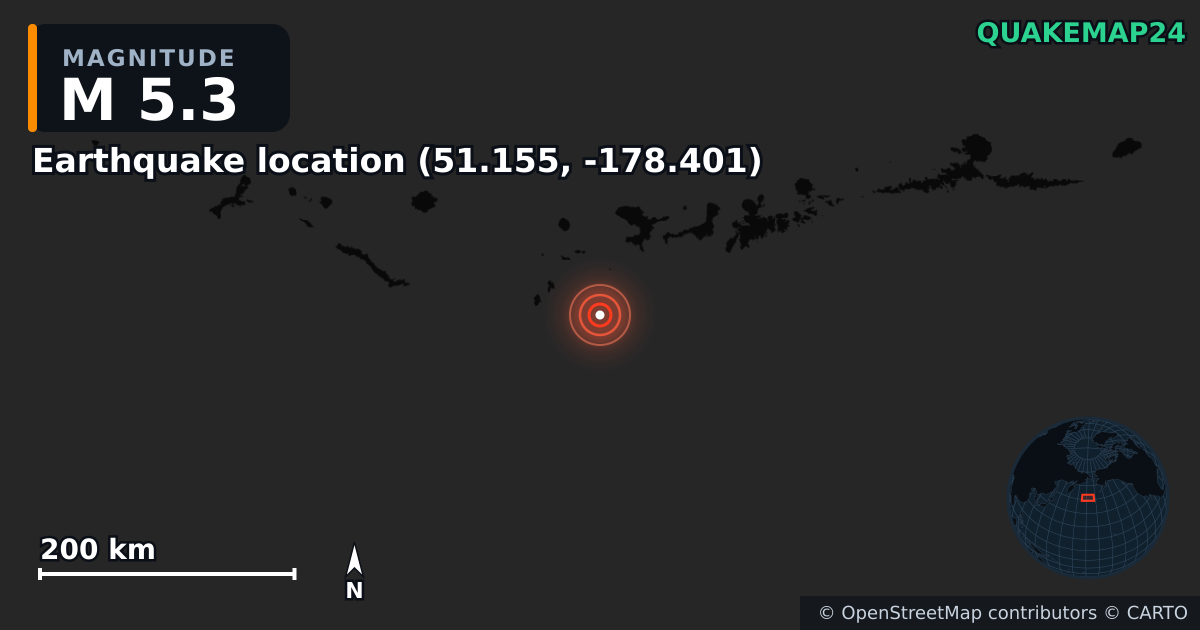 M5.3 earthquake near Local do sismo (51.155, -178.401) on Apr 16, 2025 — map of epicenter and shaking intensity | QuakeMap24