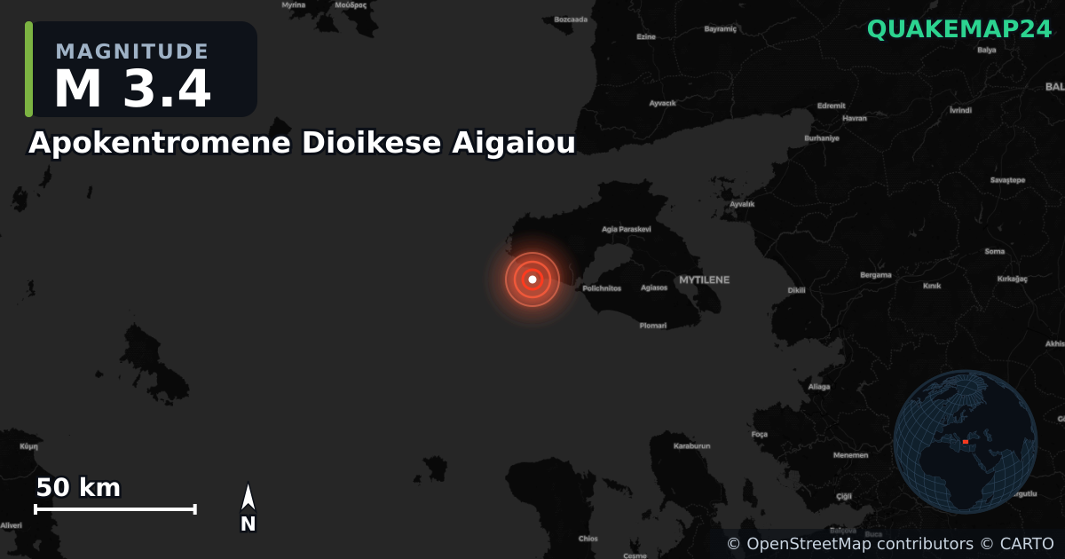 M3.4 earthquake near Apokentromene Dioikese Aigaiou on Nov 28, 2025 — map of epicenter and shaking intensity | QuakeMap24