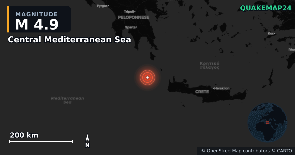 M4.9 Earthquake near Central Mediterranean Sea · 2025-11-11 — Map showing the location of the epicenter