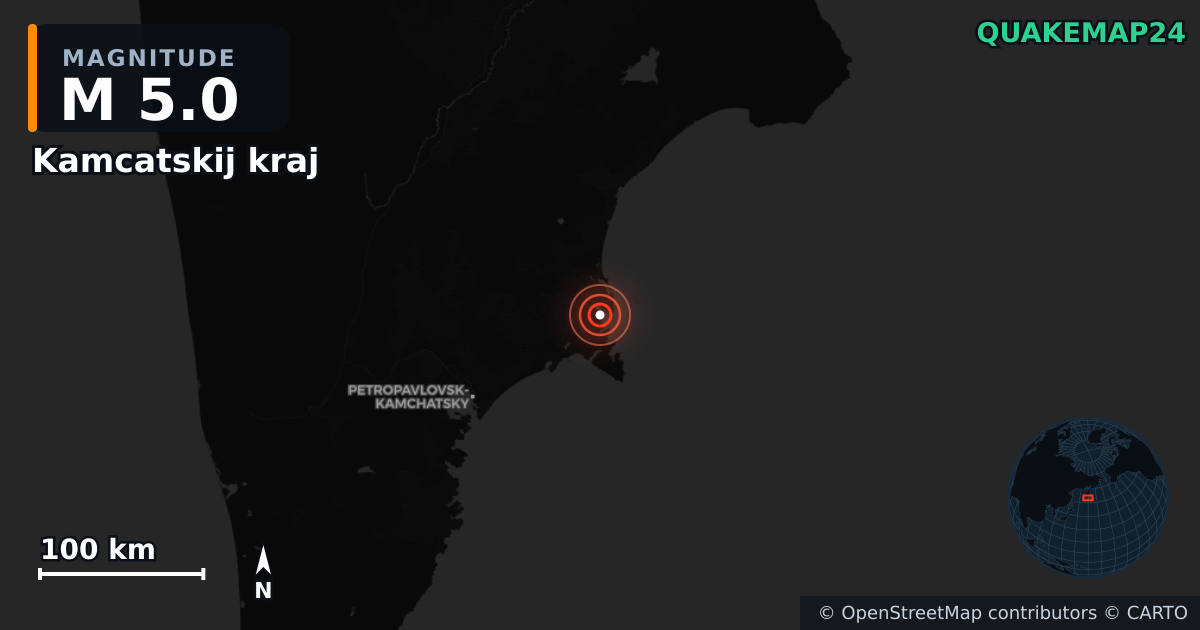 M5.0 earthquake near Kamcatskij kraj on Aug 29, 2025 — map of epicenter and shaking intensity | QuakeMap24