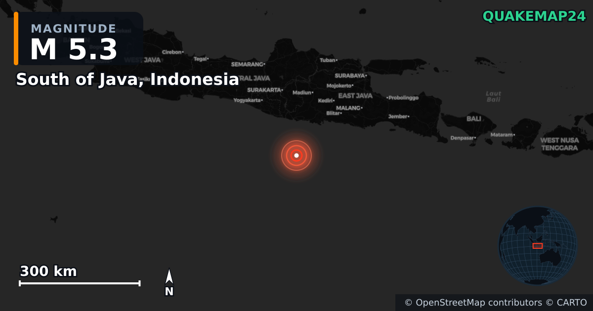 M5.3 Earthquake near South of Java, Indonesia · 2026-06-27 — Map showing the location of the epicenter