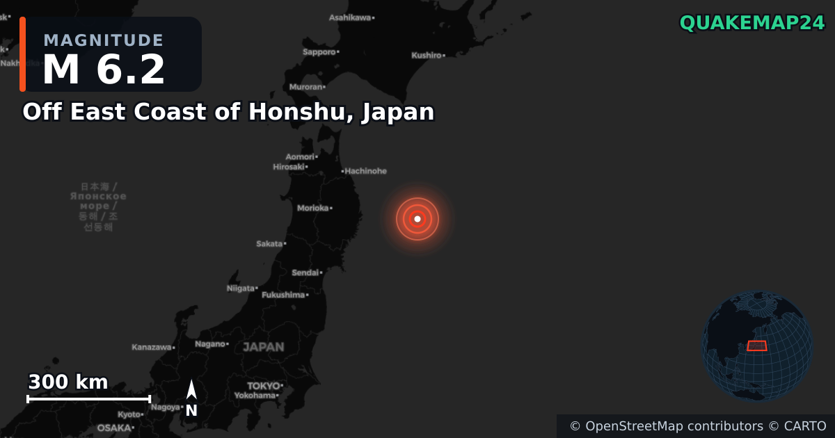 M6.2 earthquake near Off East Coast of Honshu, Japan on Mar 26, 2026 — map of epicenter and shaking intensity | QuakeMap24
