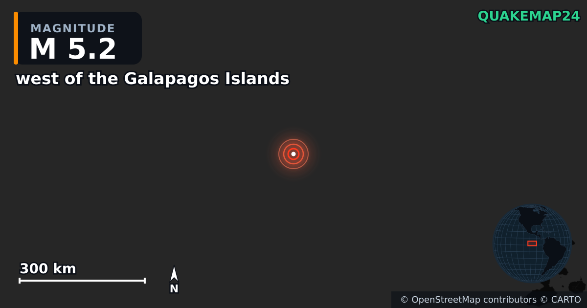 west of the Galapagos Islands yakınında M5,2 deprem — Deprem merkez üssünün konumunu gösteren harita