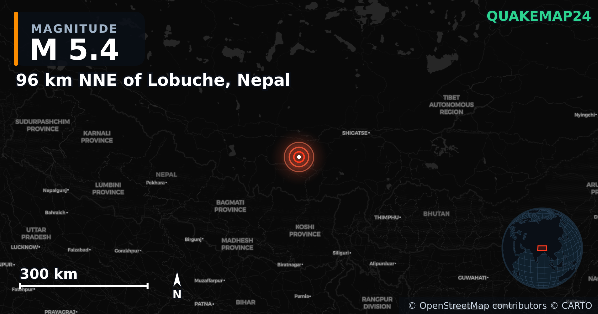 M5.4 earthquake near 96 km NNE of Lobuche, Nepal on Jan 7, 2025 — map of epicenter and shaking intensity | QuakeMap24