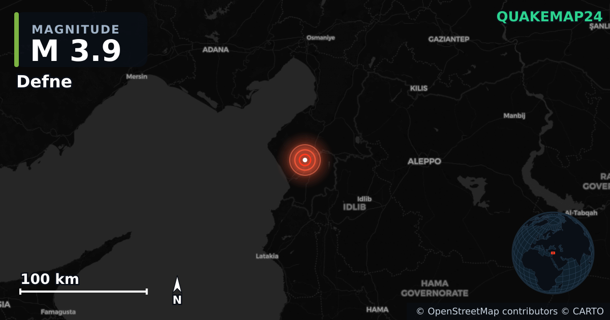 M3.9 earthquake near Defne on Nov 7, 2025 — map of epicenter and shaking intensity | QuakeMap24