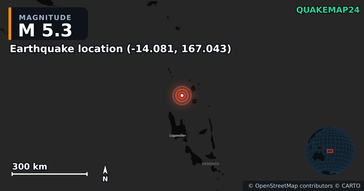 M5.3 earthquake near Deprem konumu (-14.081, 167.043) on Jun 11, 2025 — map of epicenter and shaking intensity | QuakeMap24