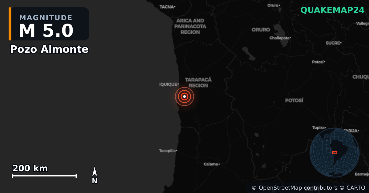 M5.0 earthquake near Pozo Almonte on Feb 6, 2026 — map of epicenter and shaking intensity | QuakeMap24