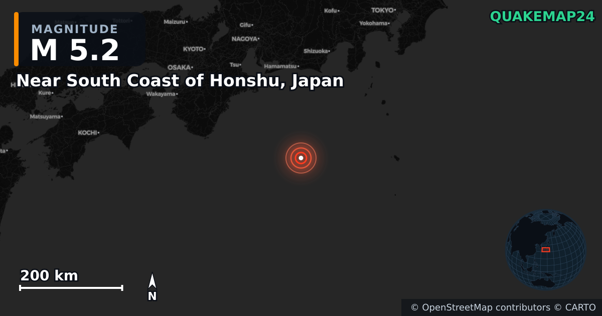 M5.2 earthquake near Near South Coast of Honshu, Japan on Dec 23, 2025 — map of epicenter and shaking intensity | QuakeMap24