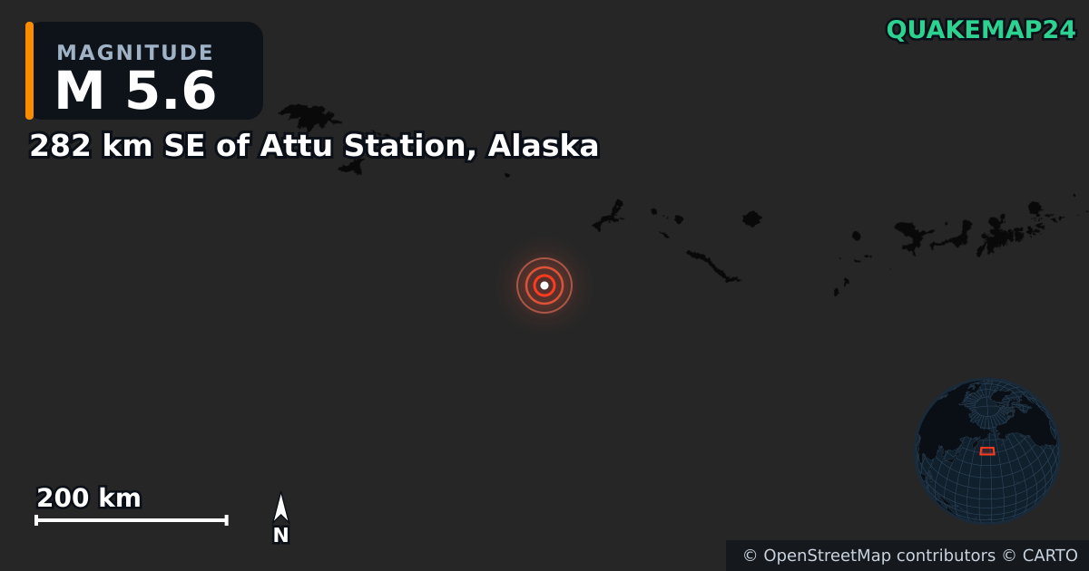 M5.6 earthquake near 282 km SE of Attu Station, Alaska on Jan 15, 2026 — map of epicenter and shaking intensity | QuakeMap24