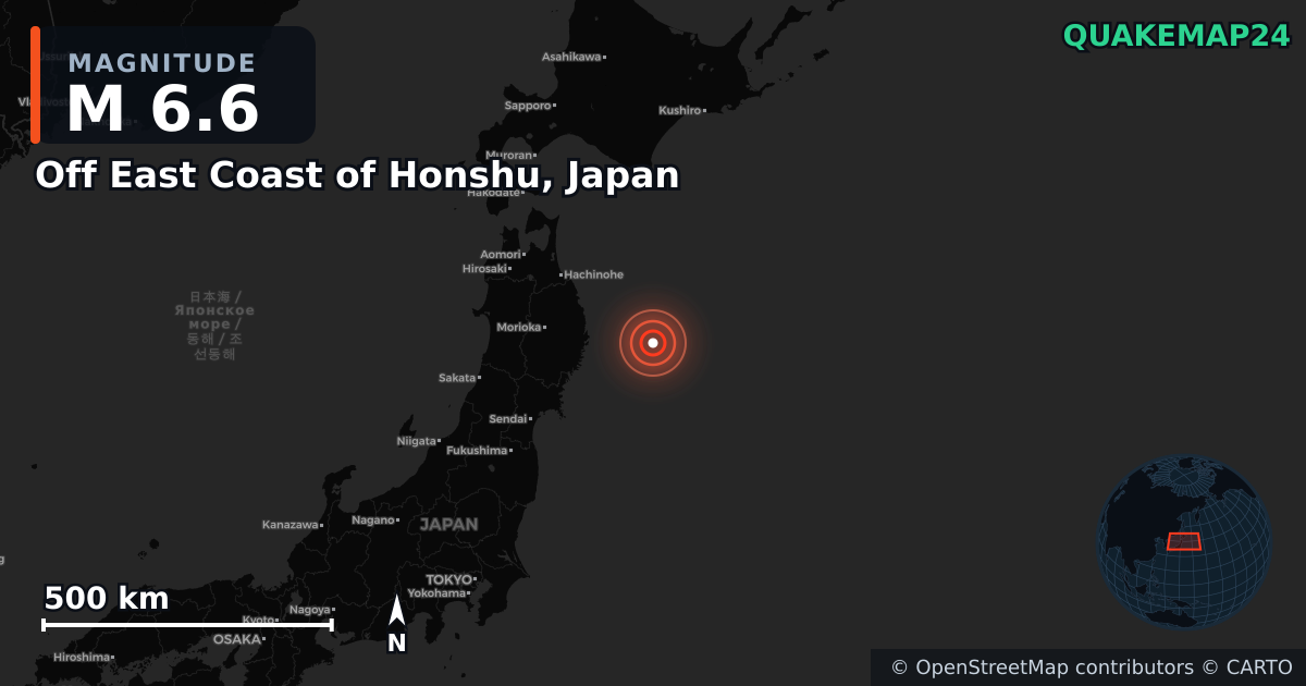 M6.6 earthquake near Off East Coast of Honshu, Japan on Nov 9, 2025 — map of epicenter and shaking intensity | QuakeMap24