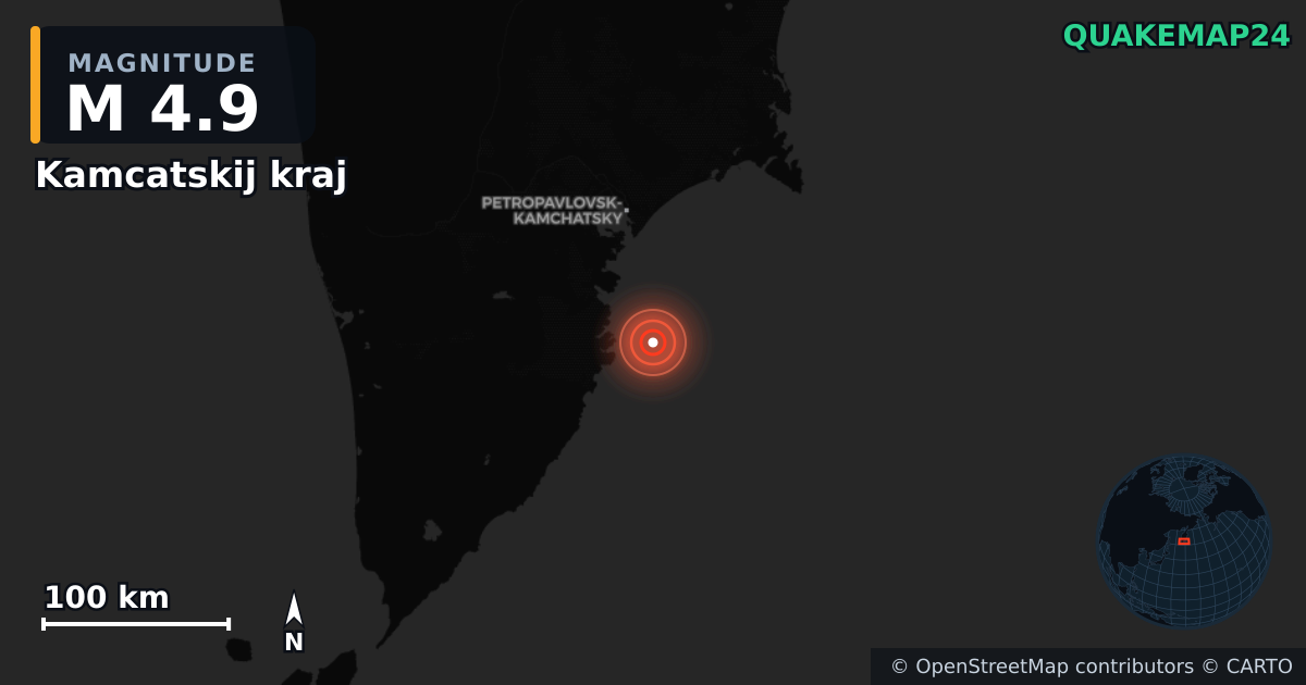 M4.9 earthquake near Kamcatskij kraj on Feb 4, 2026 — map of epicenter and shaking intensity | QuakeMap24