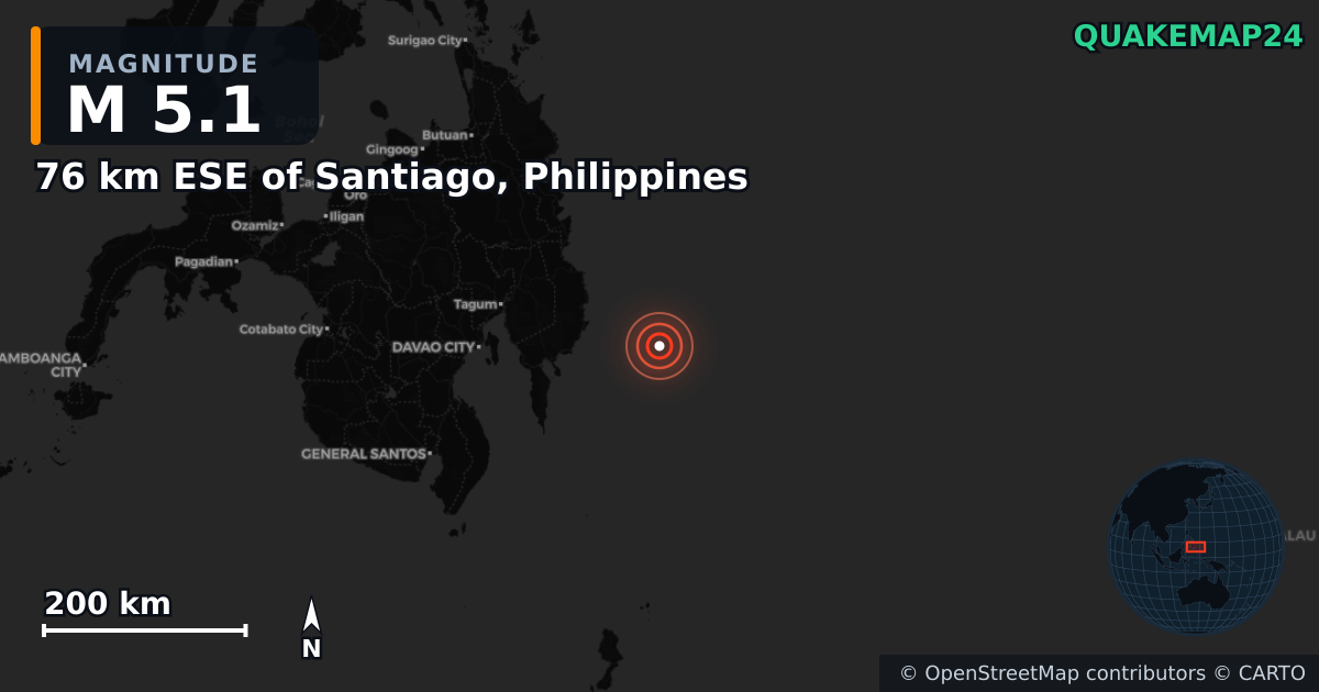 Sismo de M5,1 perto de 76 km ESE of Santiago, Philippines — Mapa da localização do epicentro