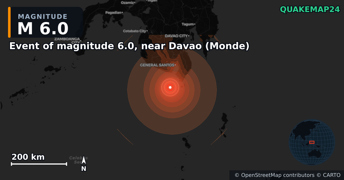 M6.0 Earthquake near Event of magnitude 6.0, near Davao (Monde) · 2026-06-26 — Map showing the location of the epicenter