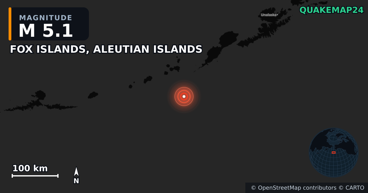 M5.1 earthquake near FOX ISLANDS, ALEUTIAN ISLANDS on Sep 4, 2025 — map of epicenter and shaking intensity | QuakeMap24
