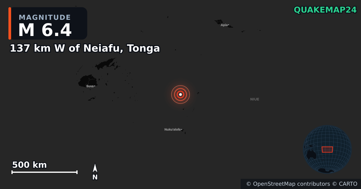 M6.4 earthquake near 137 km W of Neiafu, Tonga on May 14, 2025 — map of epicenter and shaking intensity | QuakeMap24