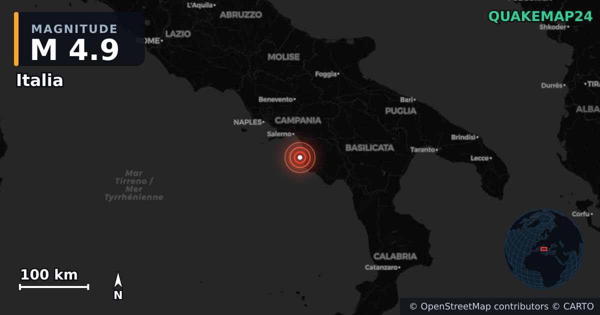 M4.9 earthquake near Italia on Feb 21, 2026 — map of epicenter and shaking intensity | QuakeMap24