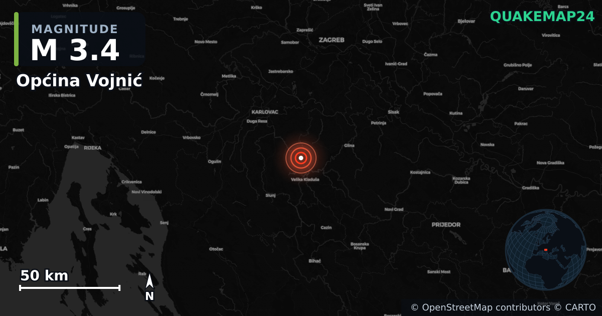 M3.4 Earthquake near Općina Vojnić (Croatia) · 2026-10-02 — Map showing the location of the epicenter