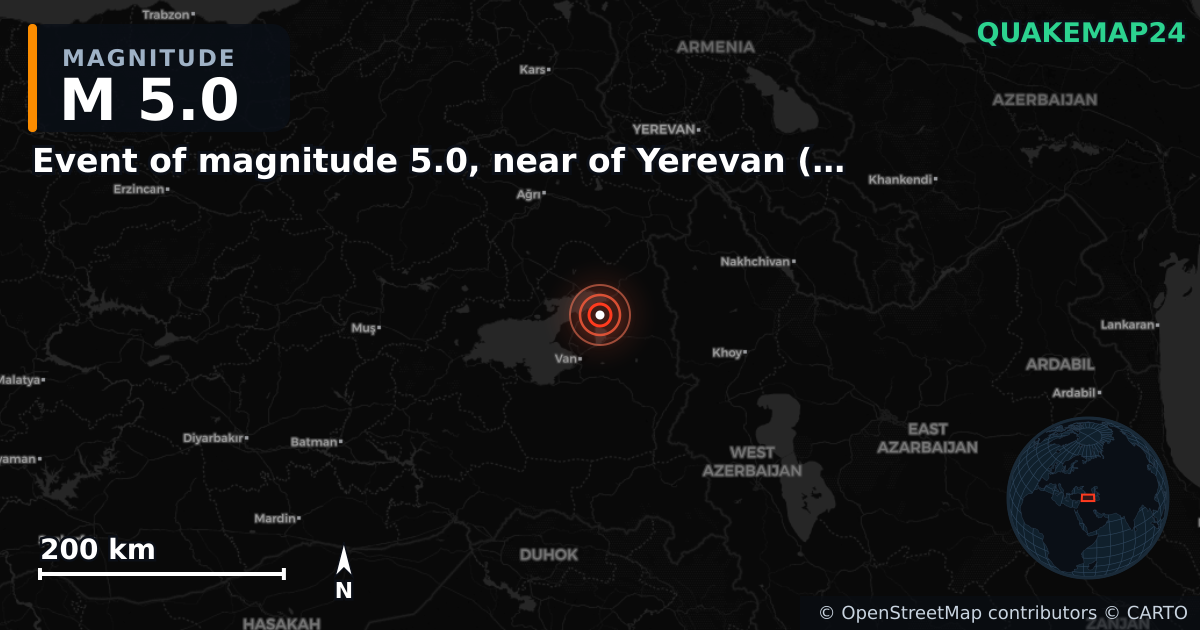 M5.0 earthquake near Event of magnitude 5.0, near of Yerevan (Monde) on Apr 4, 2026 — map of epicenter and shaking intensity | QuakeMap24