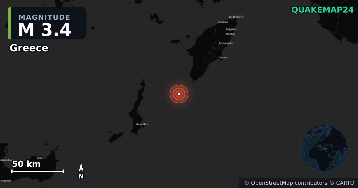M3.4 earthquake near Greece on Aug 15, 2026 — map of epicenter and shaking intensity | QuakeMap24