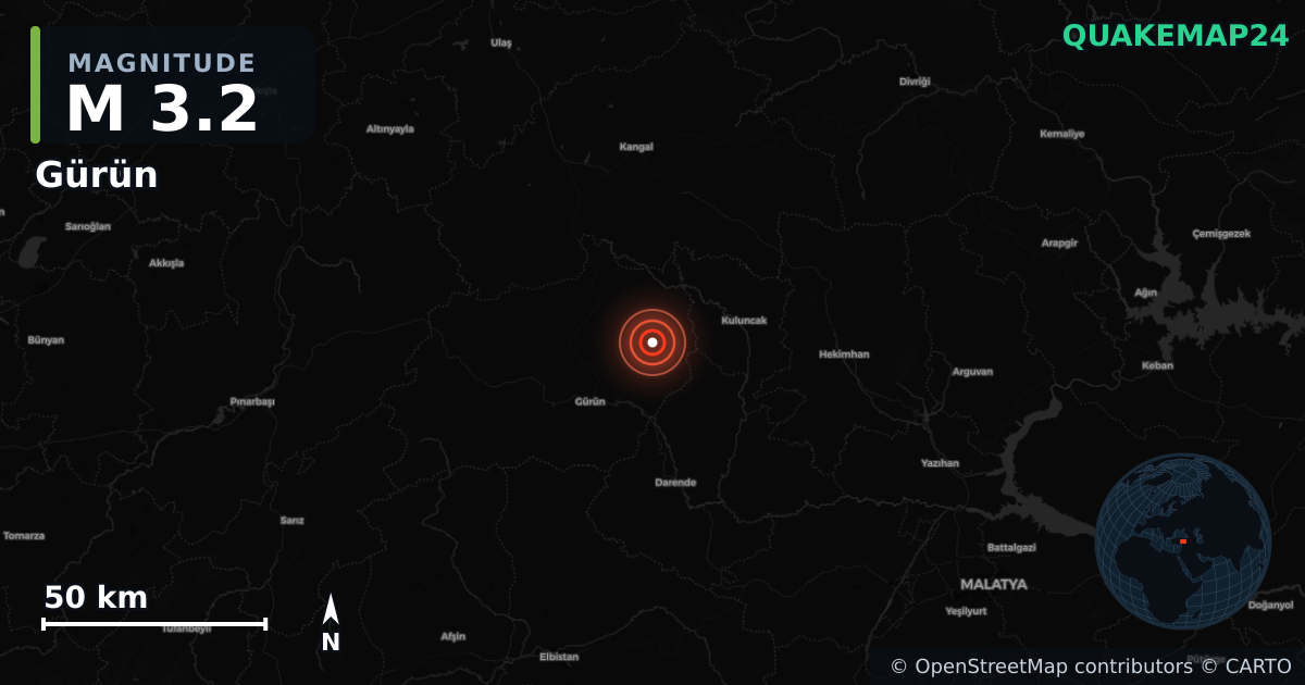 M3.2 earthquake near Gürün on Sep 21, 2025 — map of epicenter and shaking intensity | QuakeMap24