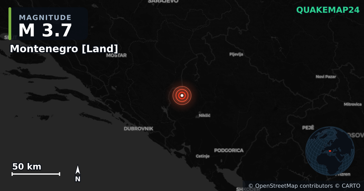 M3.7 earthquake near Montenegro [Land] on Oct 29, 2025 — map of epicenter and shaking intensity | QuakeMap24