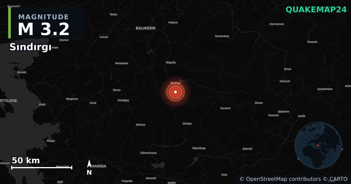 M3.2 earthquake near Sındırgı on Aug 13, 2025 — map of epicenter and shaking intensity | QuakeMap24