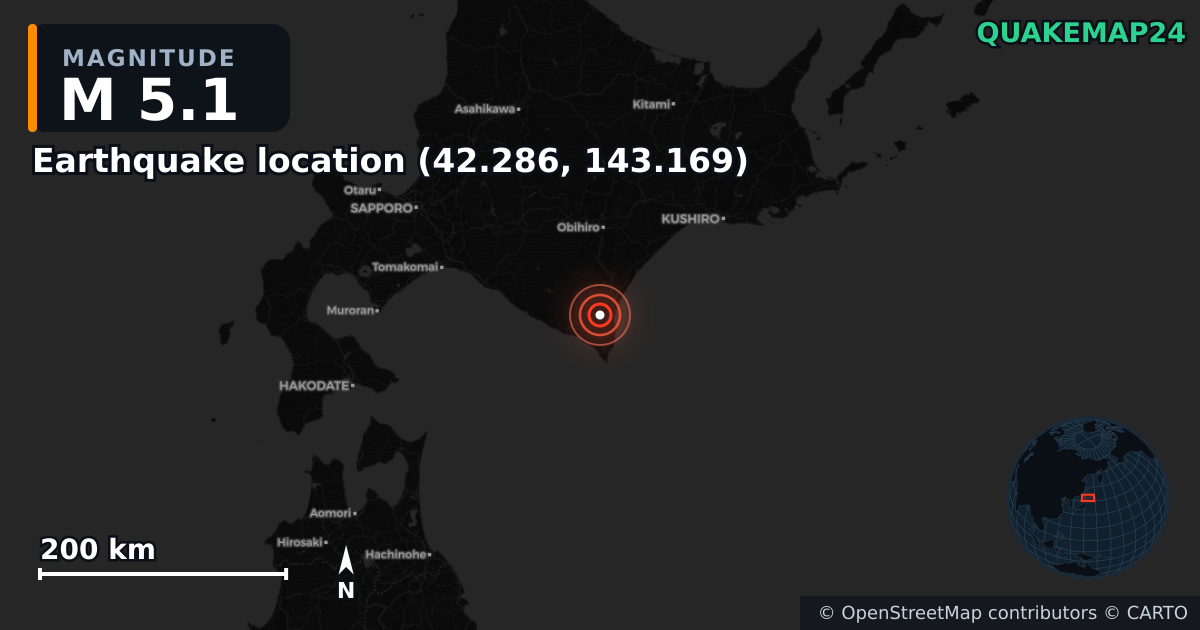 M5.1 earthquake near Deprem konumu (42.286, 143.169) on May 26, 2025 — map of epicenter and shaking intensity | QuakeMap24