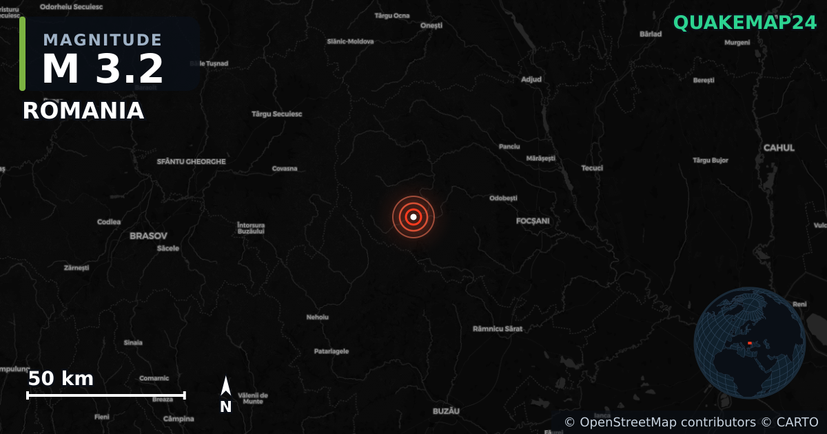 M3.2 earthquake near ROMANIA on Mar 23, 2026 — map of epicenter and shaking intensity | QuakeMap24