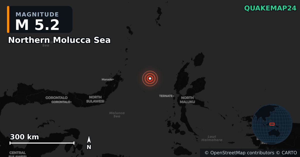 Erdbeben M5,2 bei Northern Molucca Sea — Karte der Lage des Epizentrums