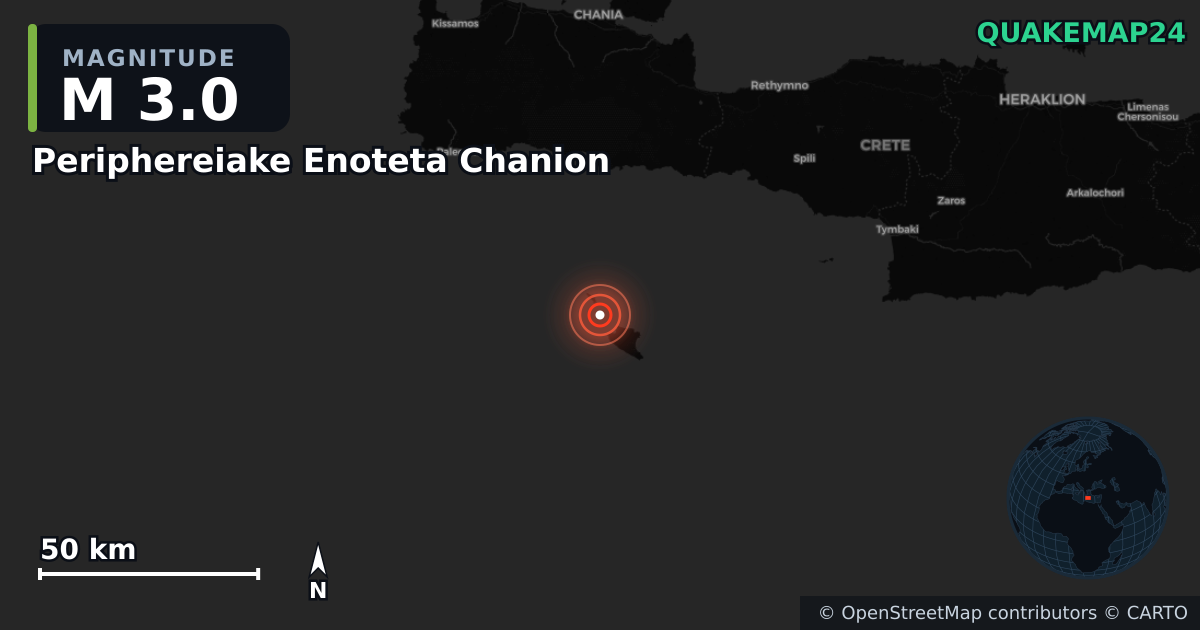 M3.0 earthquake near Periphereiake Enoteta Chanion on Dec 23, 2025 — map of epicenter and shaking intensity | QuakeMap24