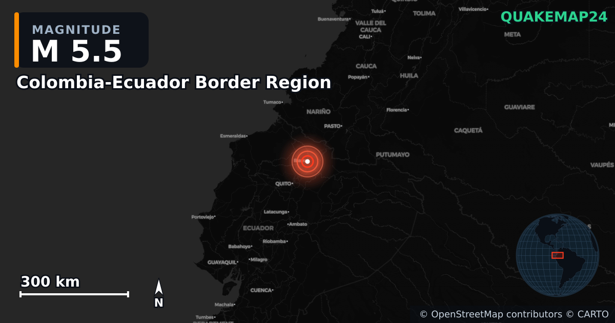 Erdbeben M5,5 bei Colombia-Ecuador Border Region — Karte der Lage des Epizentrums