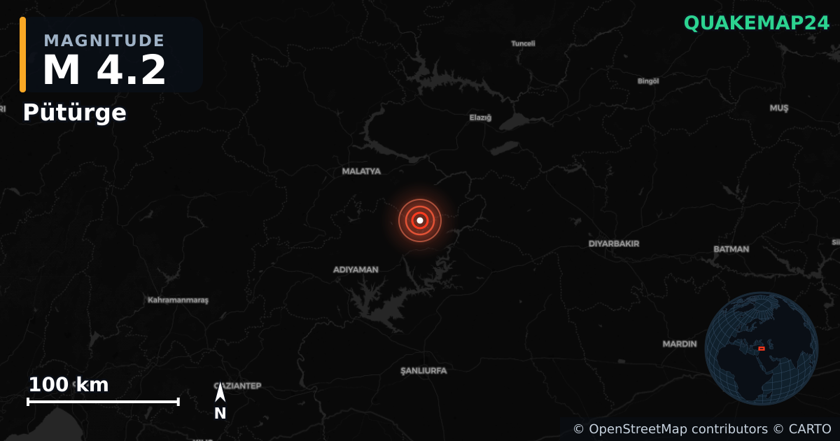M4.2 earthquake near Pütürge on Sep 15, 2025 — map of epicenter and shaking intensity | QuakeMap24