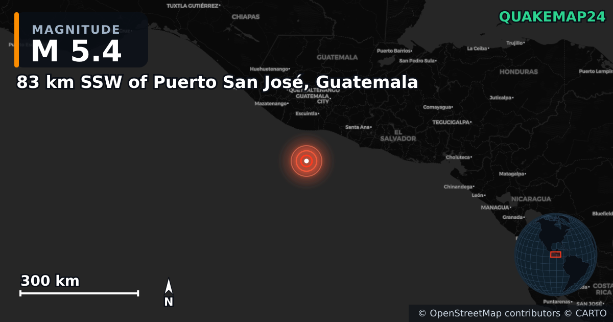 83 km SSW of Puerto San José, Guatemala yakınında M5,4 deprem — Deprem merkez üssünün konumunu gösteren harita