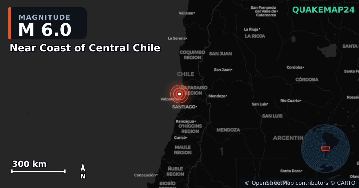 M6.0 earthquake near Near Coast of Central Chile on May 31, 2026 — map of epicenter and shaking intensity | QuakeMap24