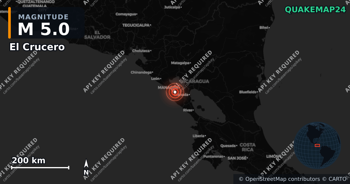 M5.0 earthquake near El Crucero on Jun 26, 2026 — map of epicenter and shaking intensity | QuakeMap24