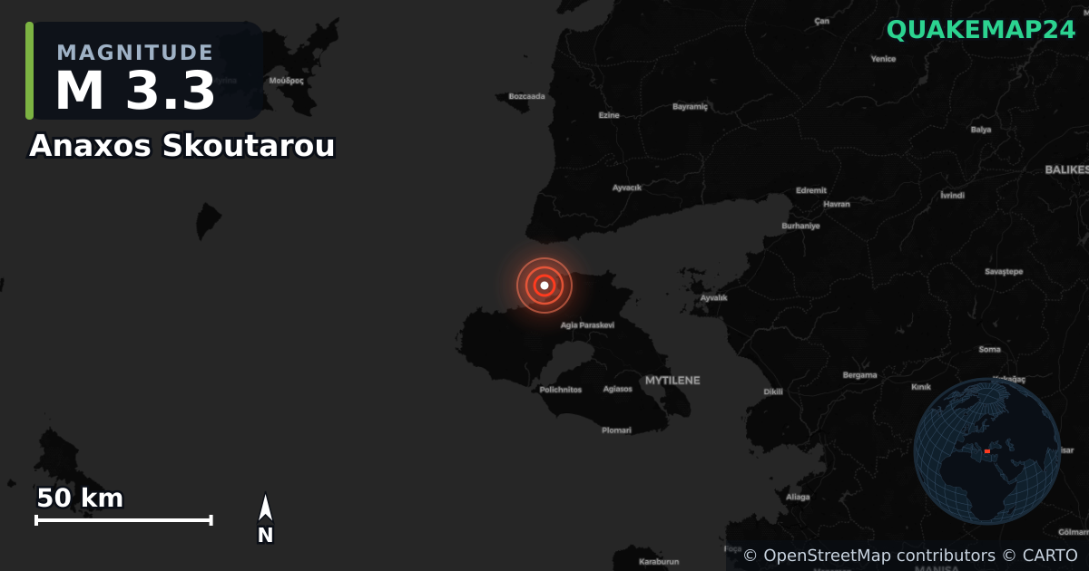 M3.3 earthquake near Anaxos Skoutarou on Jul 21, 2026 — map of epicenter and shaking intensity | QuakeMap24
