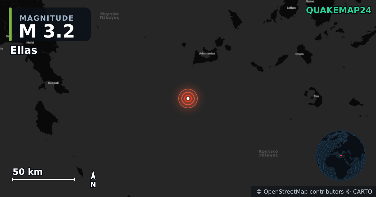 M3.2 earthquake near Ellas on Apr 8, 2026 — map of epicenter and shaking intensity | QuakeMap24