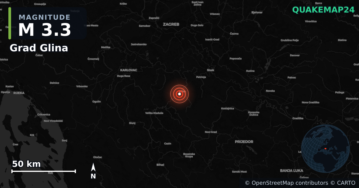 M3.3 earthquake near Grad Glina on Sep 12, 2025 — map of epicenter and shaking intensity | QuakeMap24