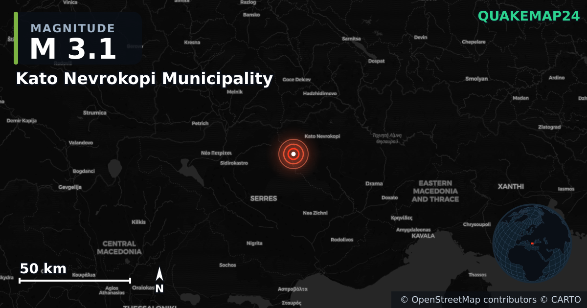 M3.1 earthquake near Kato Nevrokopi Municipality on May 25, 2026 — map of epicenter and shaking intensity | QuakeMap24