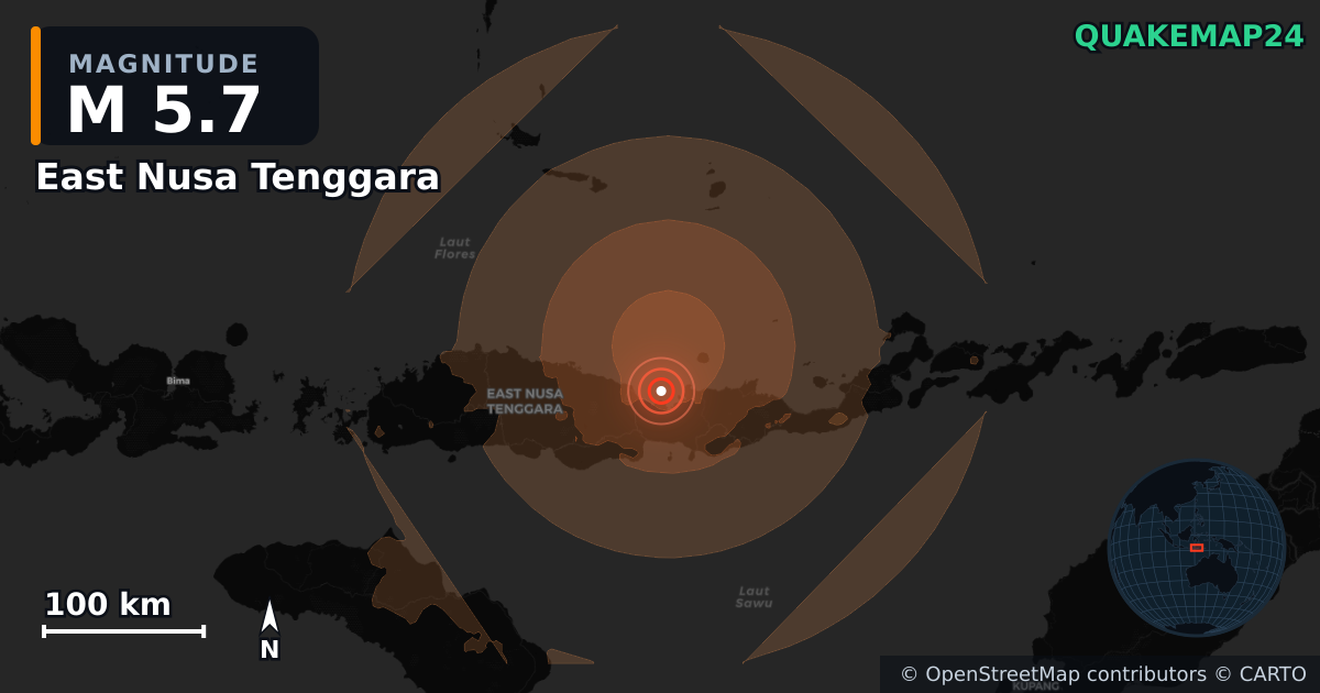 M5.7 earthquake near East Nusa Tenggara on Aug 17, 2026 — map of epicenter and shaking intensity | QuakeMap24