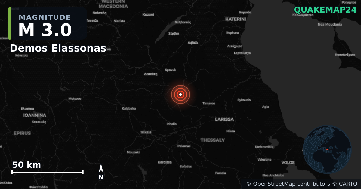 M3.0 earthquake near Demos Elassonas on May 3, 2026 — map of epicenter and shaking intensity | QuakeMap24