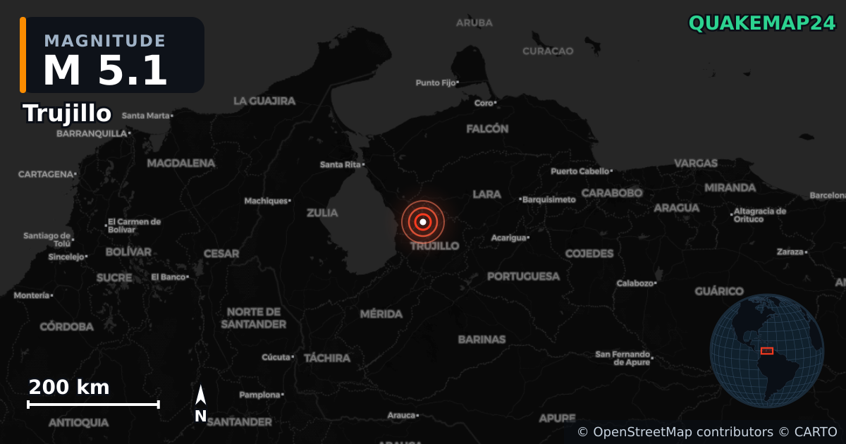 M5.1 earthquake near Trujillo on Sep 25, 2025 — map of epicenter and shaking intensity | QuakeMap24