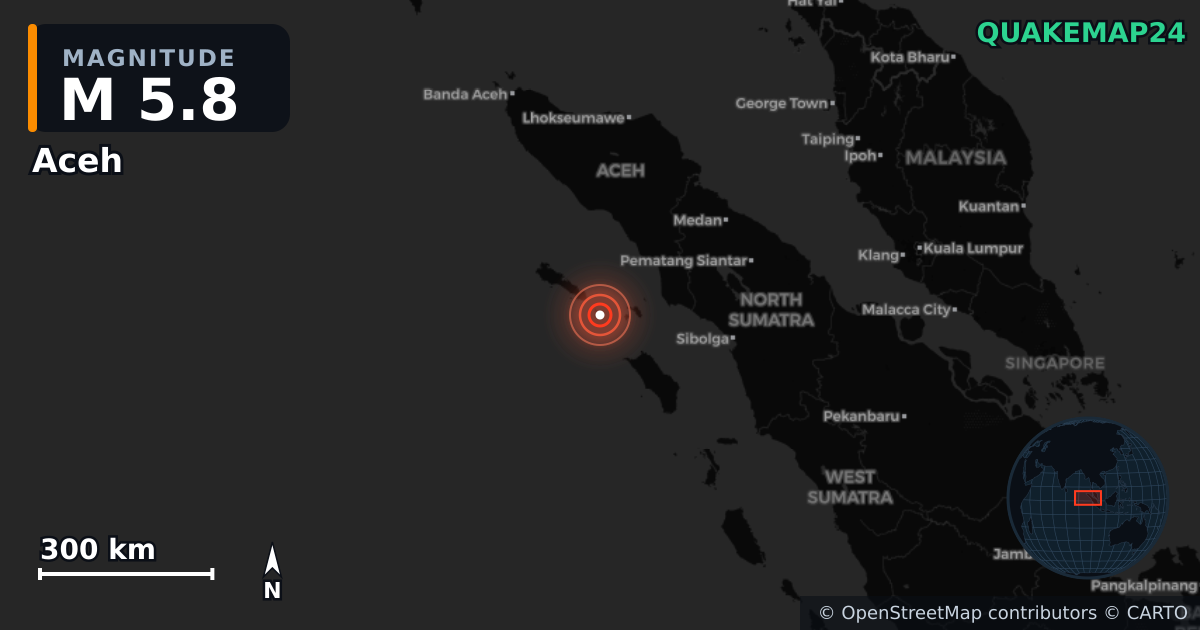 M5.8 earthquake near Aceh on Aug 23, 2025 — map of epicenter and shaking intensity | QuakeMap24