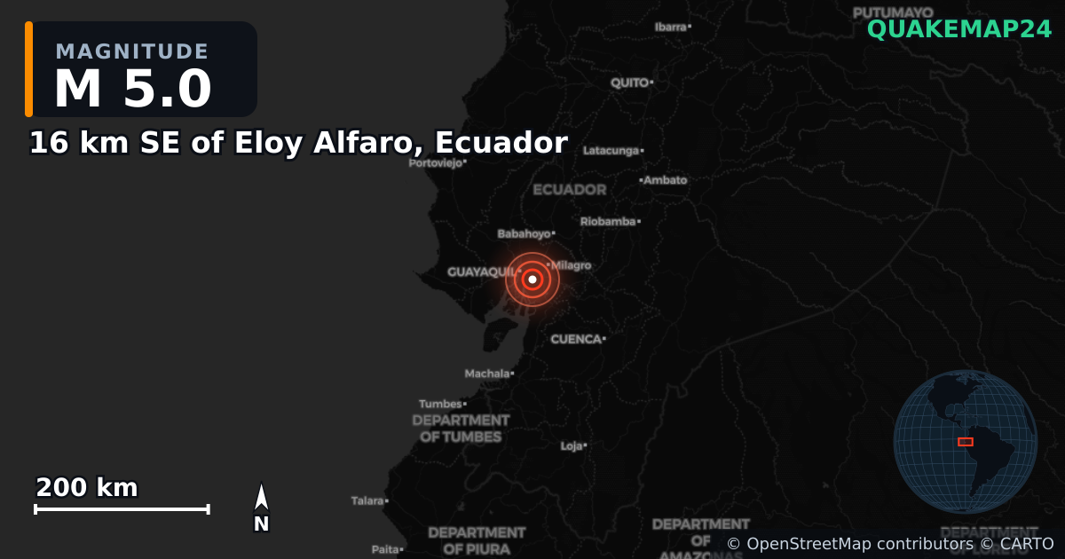 M5.0 earthquake near 16 km SE of Eloy Alfaro, Ecuador on Jan 13, 2025 — map of epicenter and shaking intensity | QuakeMap24