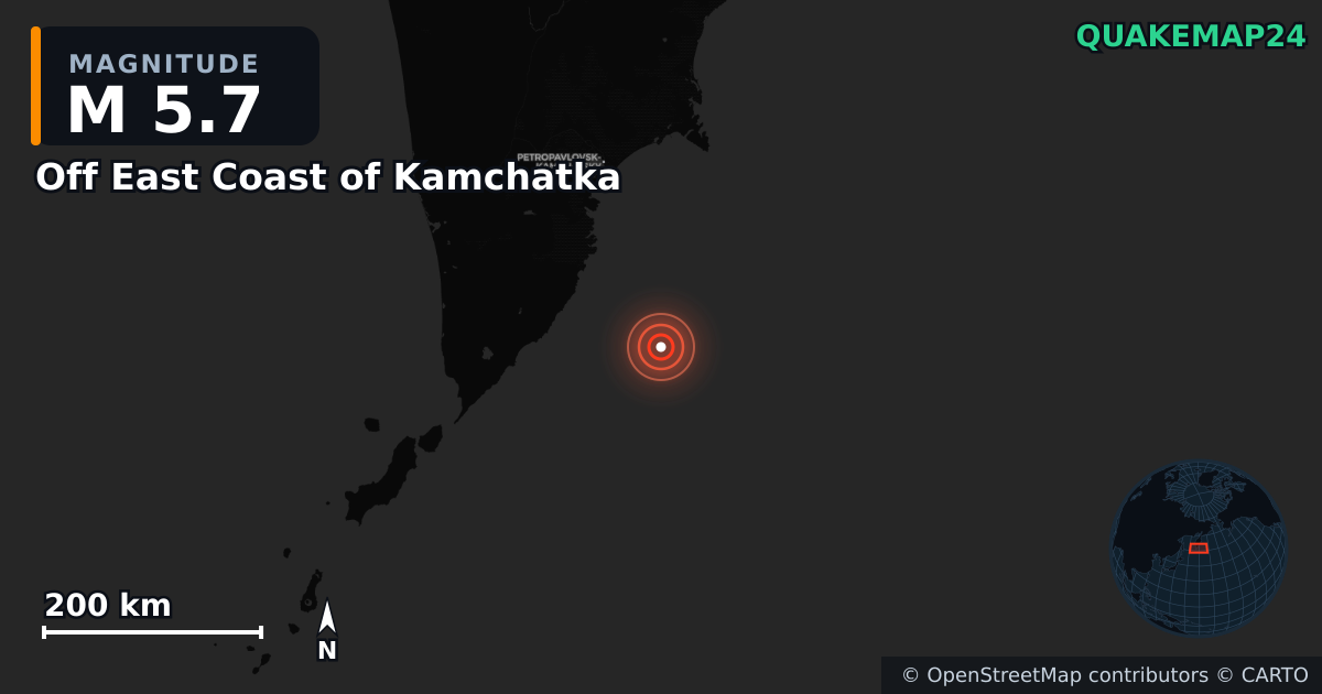 M5.7 earthquake near Off East Coast of Kamchatka on Feb 26, 2026 — map of epicenter and shaking intensity | QuakeMap24