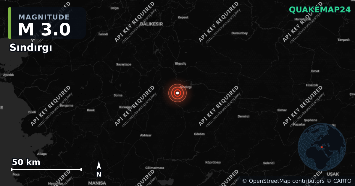 M3.0 earthquake near Sındırgı on Aug 28, 2026 — map of epicenter and shaking intensity | QuakeMap24
