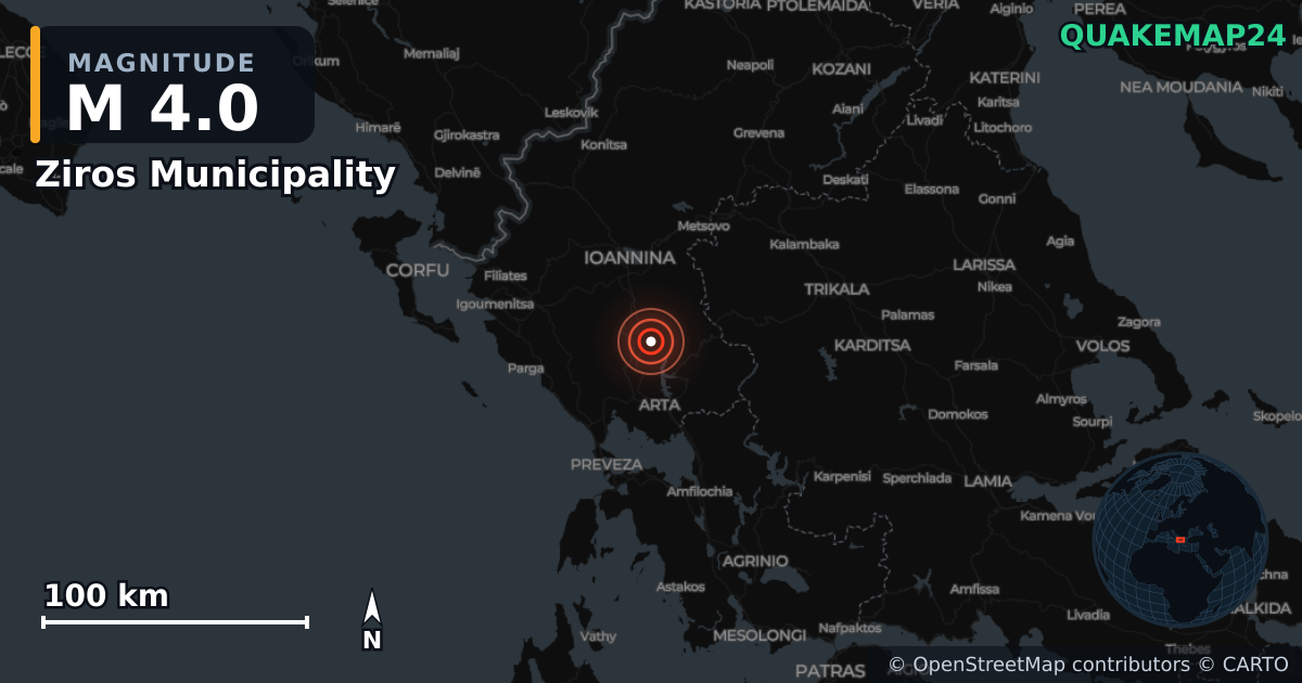 Erdbeben M4,0 bei Ziros Municipality, Epirus (Griechenland) · 2026-10-25 — Karte der Lage des Epizentrums