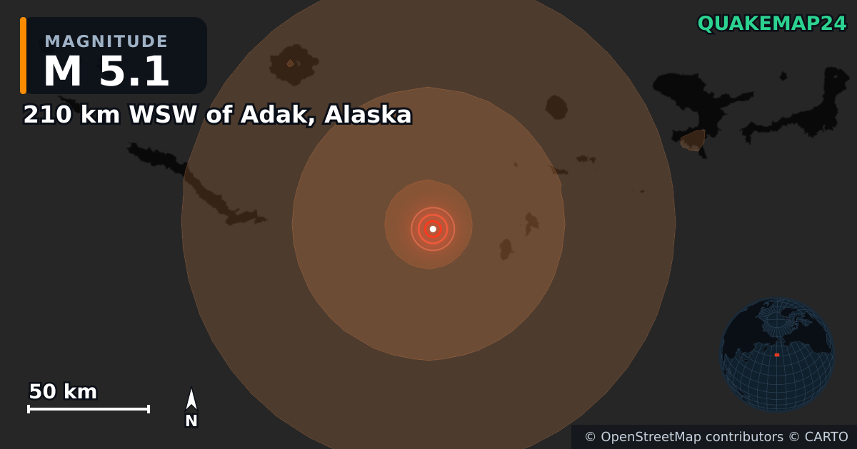 Erdbeben M5,1 bei 210 km WSW of Adak, Alaska — Karte der Lage des Epizentrums